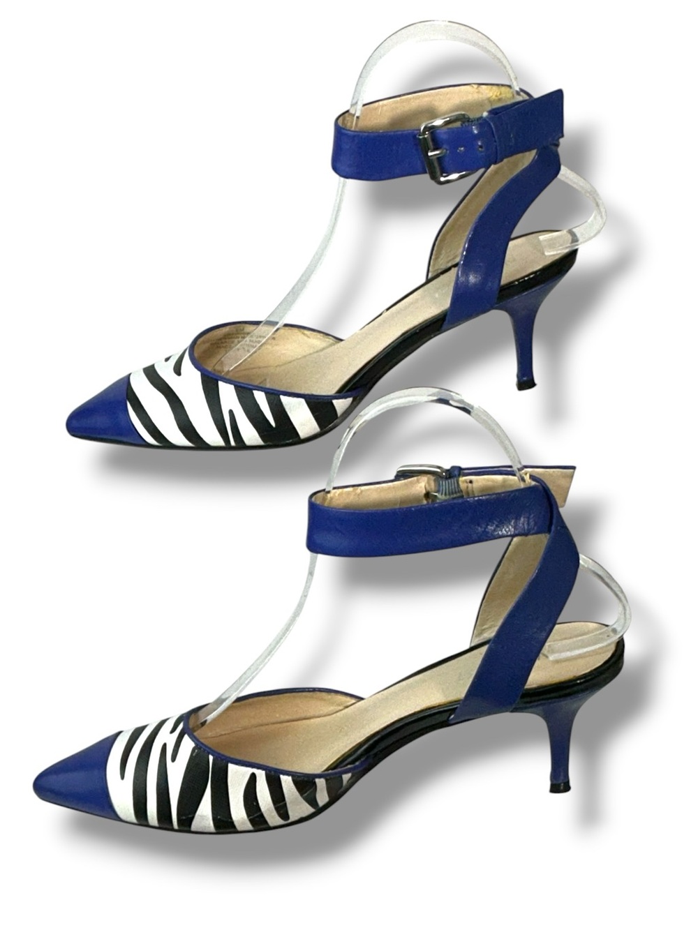 Nine West Zebra Print Pointed Toe Ankle Strap Pump 2” Kitten Heel Blue Black 6 - Picture 5 of 16